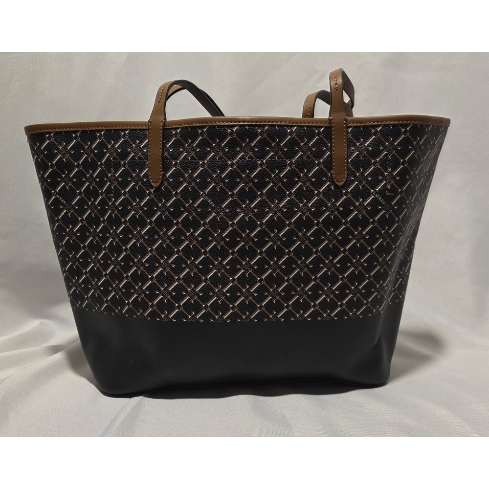 Lauren Ralph Lauren Lightweight Leather Monogram BrownTote Bag w Horseshoe Charm - Picture 2 of 6